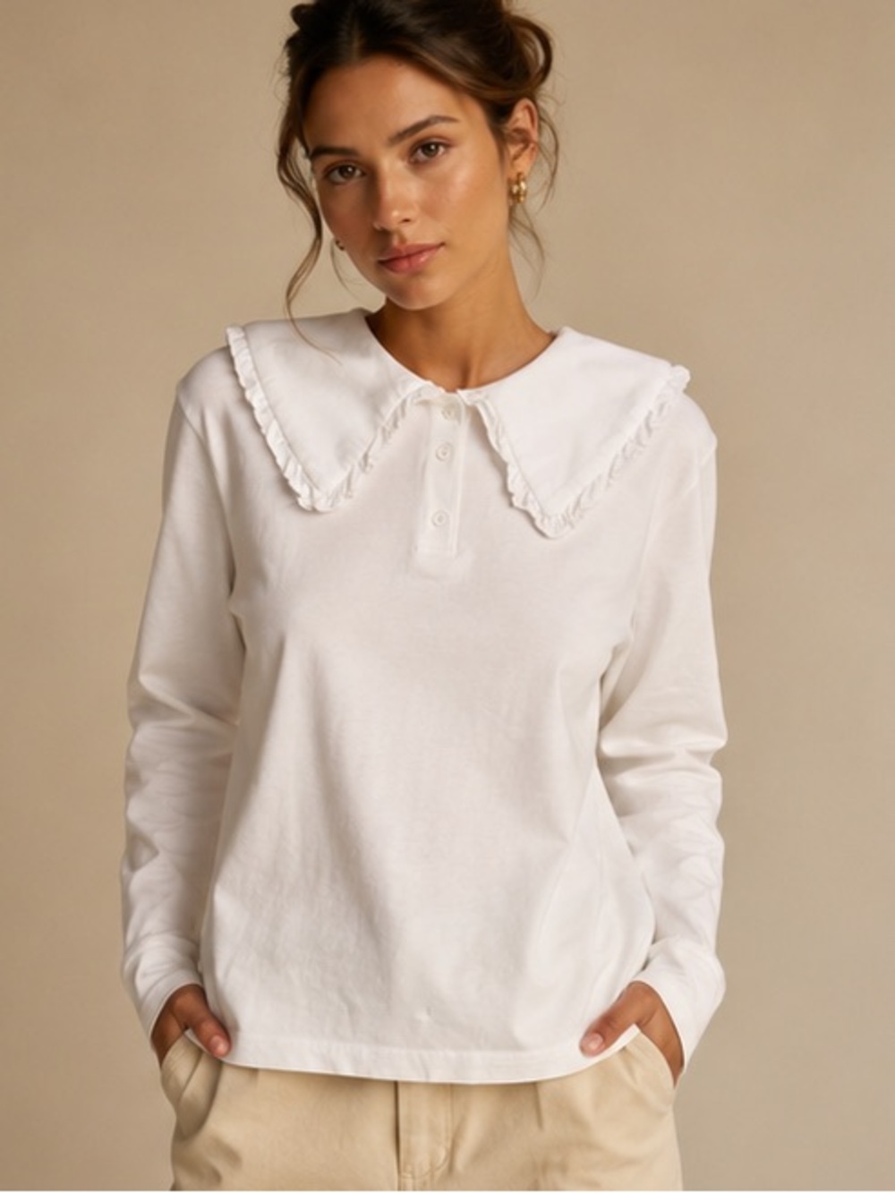 Monki White Peter Pan Collar Long Sleeve Top Size Medium